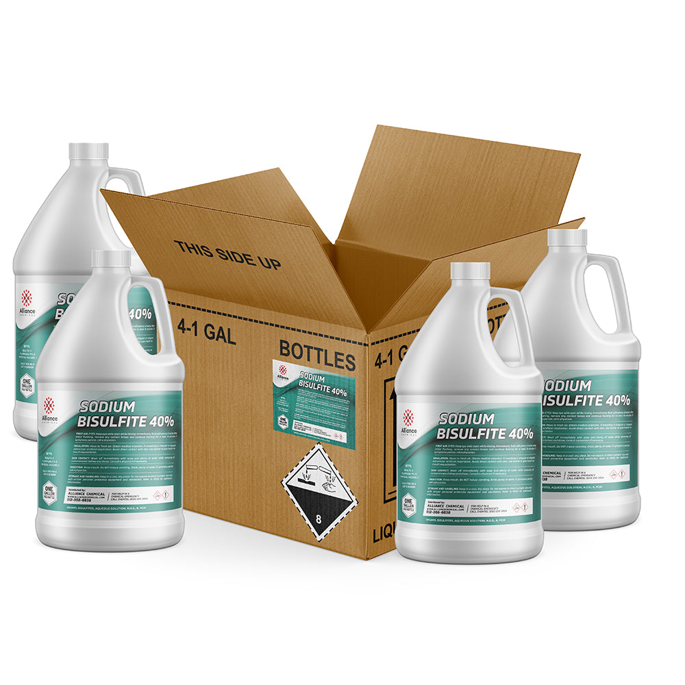 4x1-gallon sodium bisulfite 40% solution in white HDPE jugs with hazard class 8 corrosive warning, shown with shipping box and safety labels.